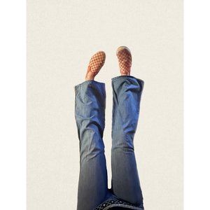 Vintage Unisex 70s Blue Denim Express High Waisted Flare Bottom Jeans Size 34 M